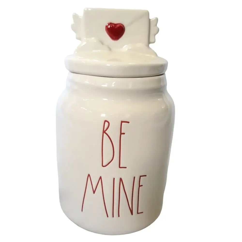 Rae Dunn Be Mine Red White Hearts Lidded Ceramic Canister Container Cookie Jar